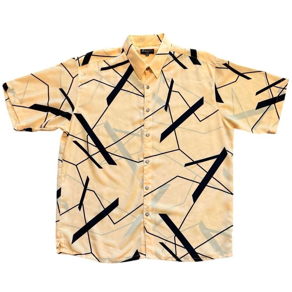 Vintage Bassiri Uomo Men's XXL Yellow Abstract Geometric Shirt Made In USA